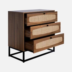 3-drawer chest with wood and cane effect