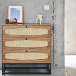 3-drawer chest with wood and cane effect