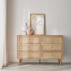 6-drawer chest with wood and cane effect