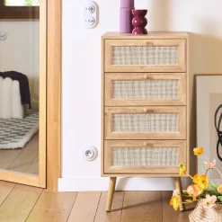 4-drawer chest with wood and cane effect