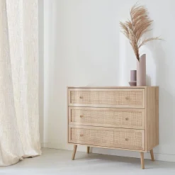 3-drawer chest with wood and cane effect
