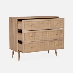3-drawer chest with wood and cane effect