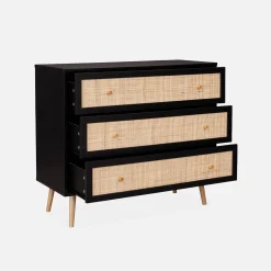 3-drawer chest with wood and cane effect