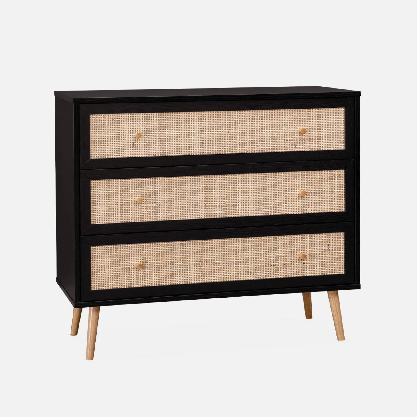 3-drawer chest with wood and cane effect