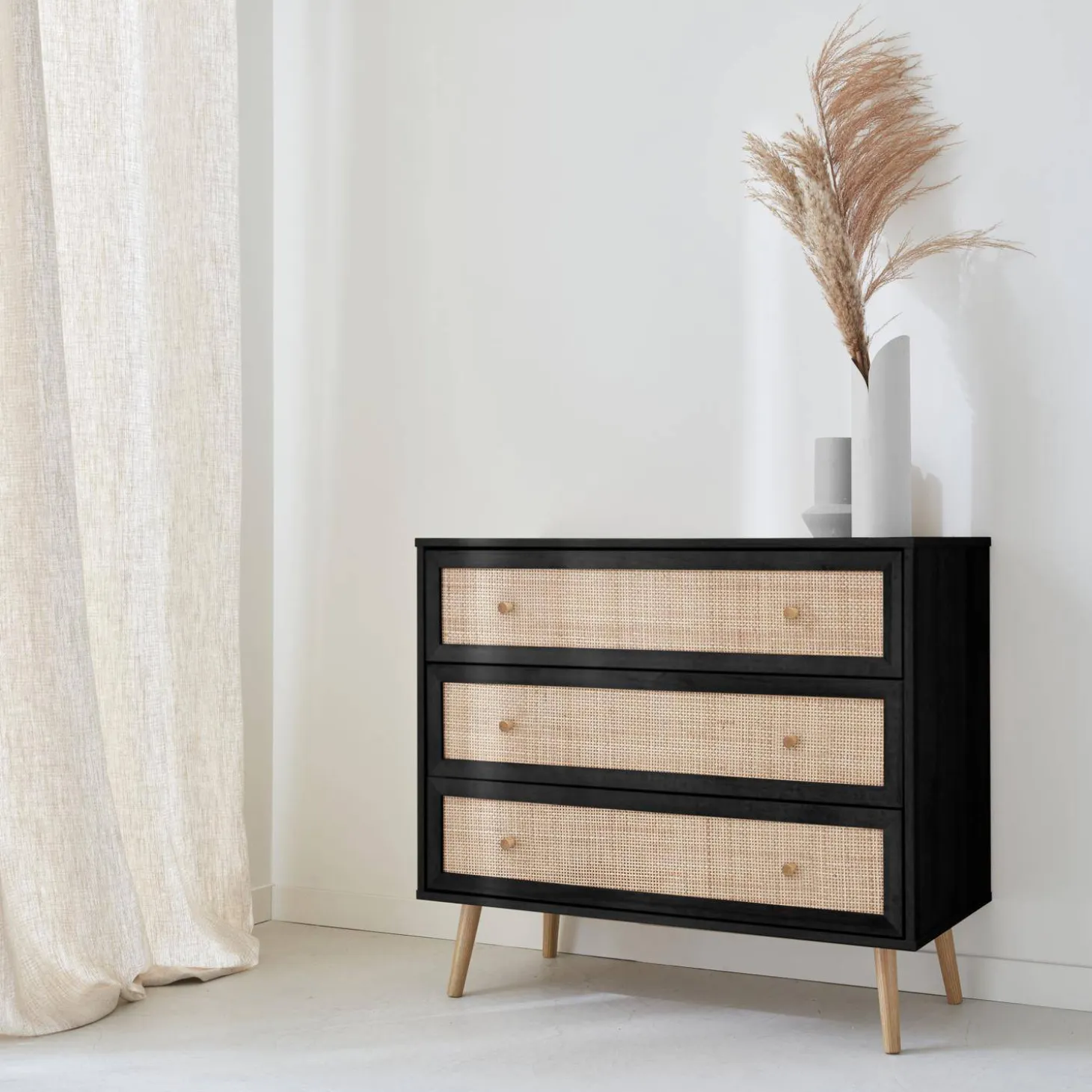 3-drawer chest with wood and cane effect