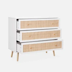 3-drawer chest with wood and cane effect