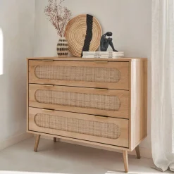 3-drawer chest with wood and rounded cane rattan
