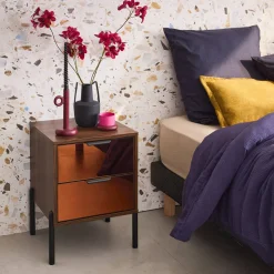 2-drawer vintage bedside table with glass and wooden effect