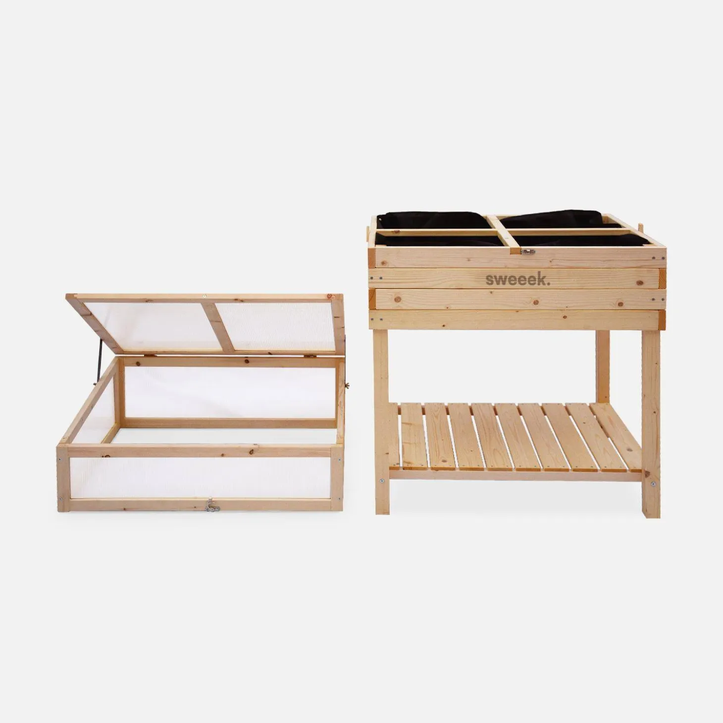 Elevated wooden planter with polycarbonate greenhouse