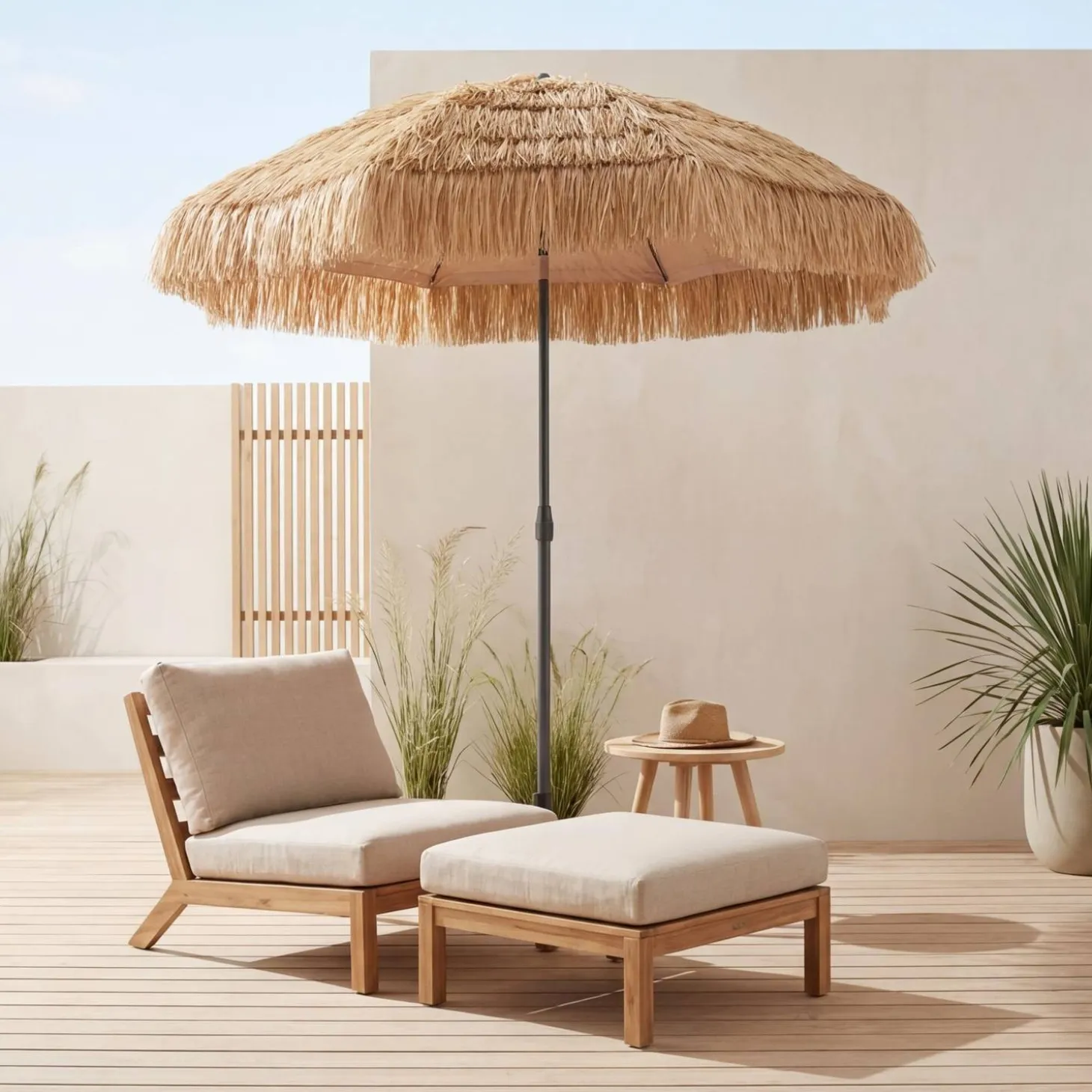 Exotic straight steel parasol wood effect / straw