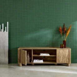 Exotic wood effect TV unit with 2 reversible doors 155cm