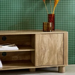 Exotic wood effect TV unit with 2 reversible doors 155cm