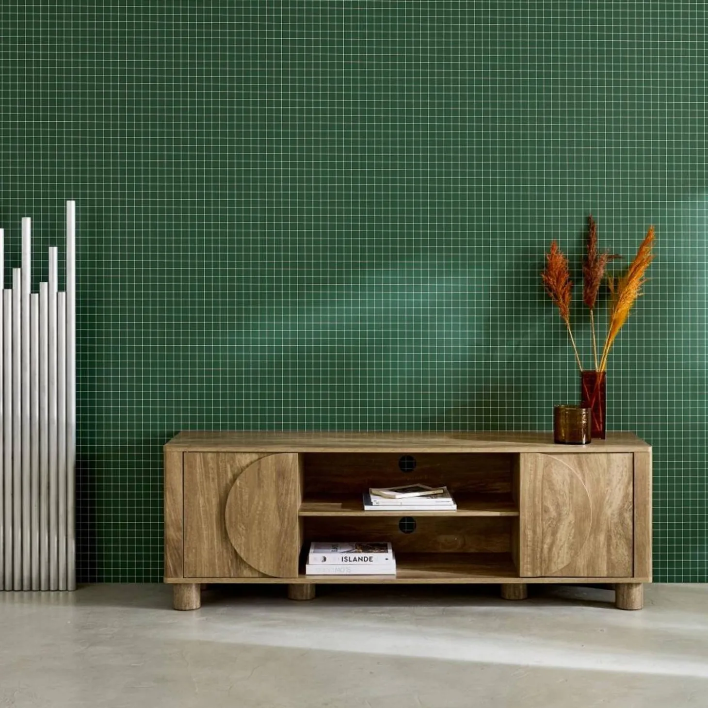 Exotic wood effect TV unit with 2 reversible doors 155cm
