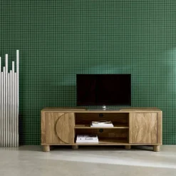 Exotic wood effect TV unit with 2 reversible doors 155cm