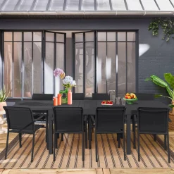 Extendable aluminium garden table + 8 armchairs