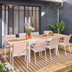 Extendable aluminium garden table + 8 armchairs