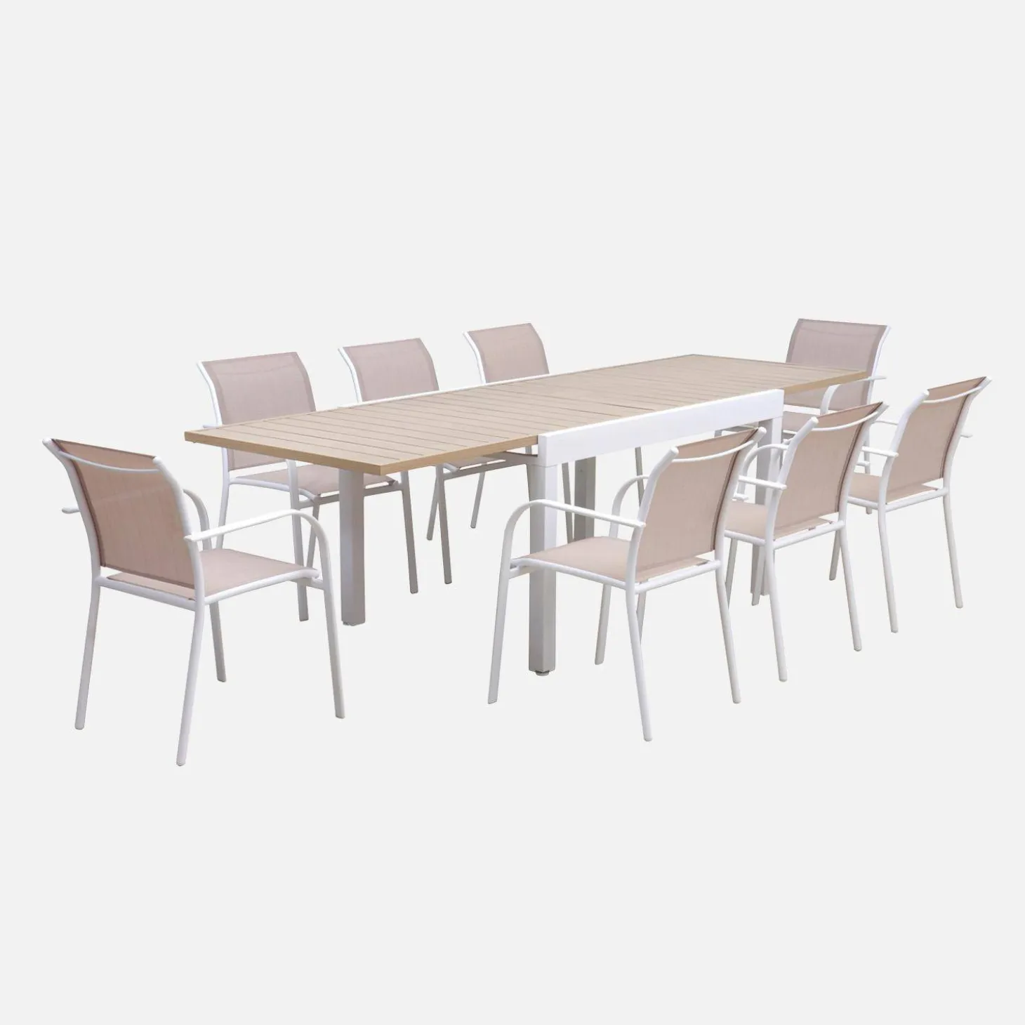 Extendable aluminium garden table + 8 armchairs