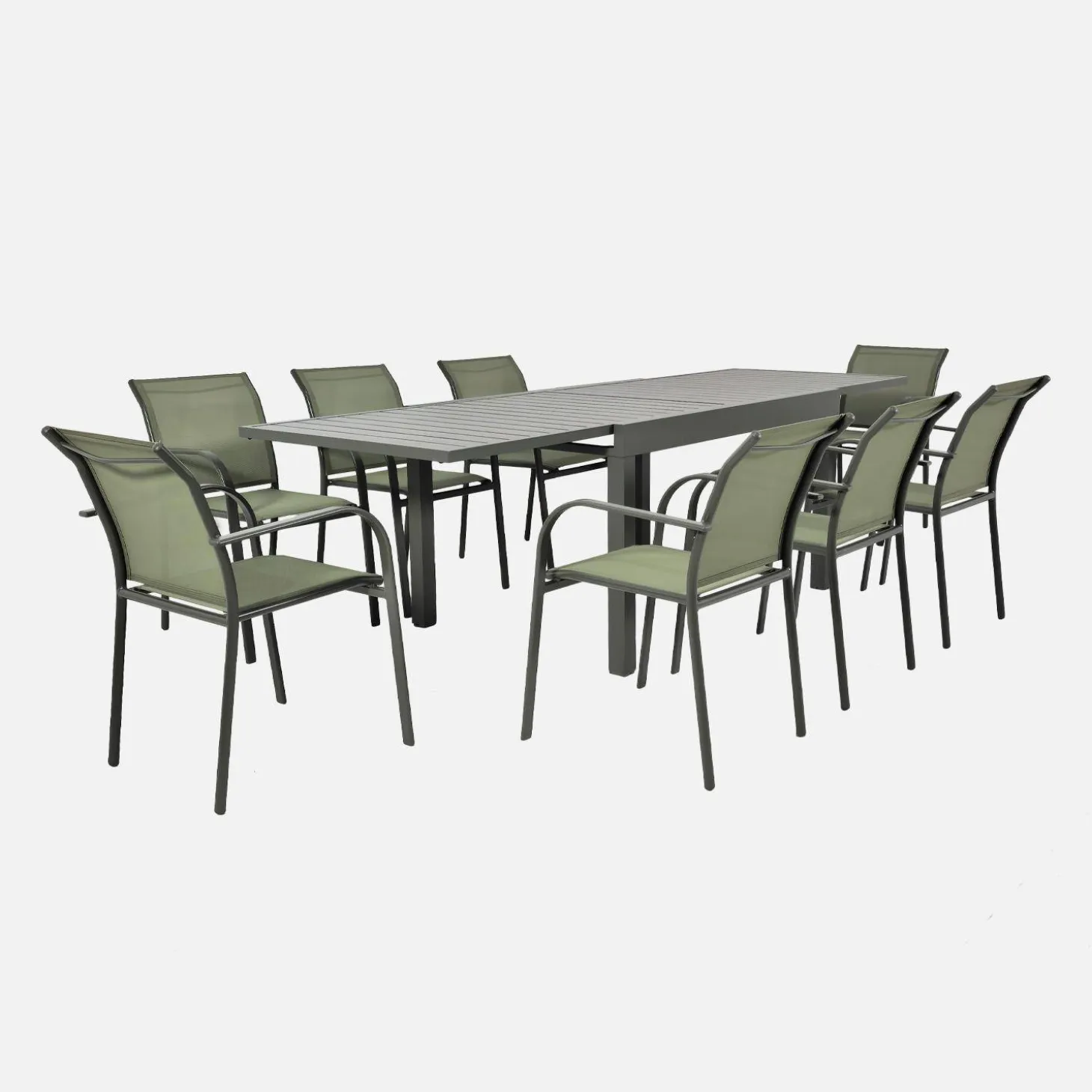 Extendable aluminium garden table + 8 armchairs