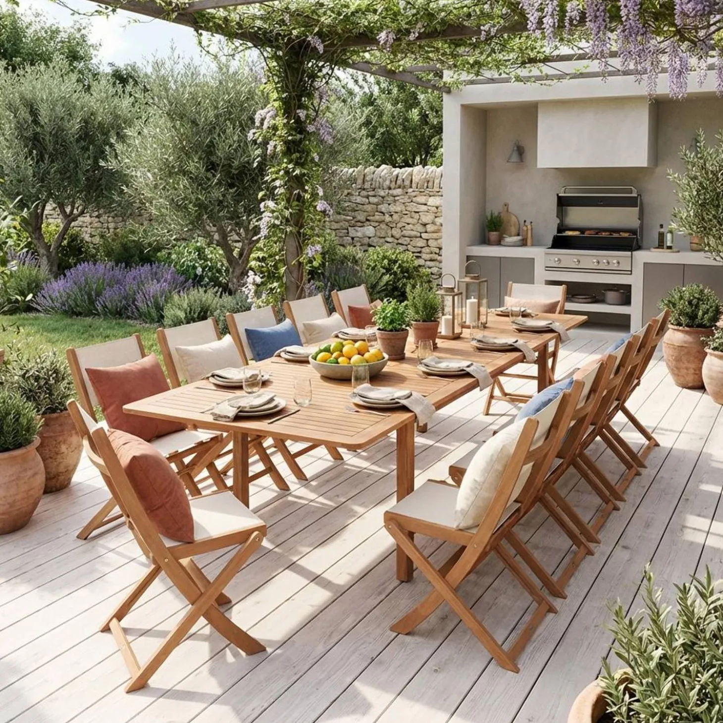 Extendable eucalyptus wood garden table + 12 chairs