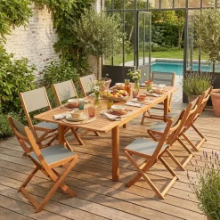 Extendable eucalyptus wood garden table + 8 chairs