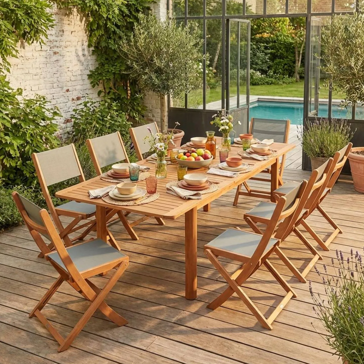 Extendable eucalyptus wood garden table + 8 chairs