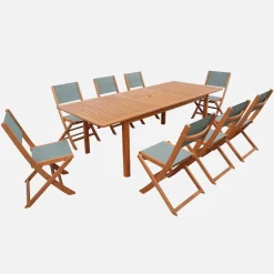 Extendable eucalyptus wood garden table + 8 chairs