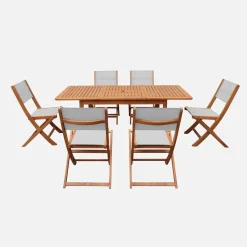 Extendable eucalyptus wood garden table + 6 chairs