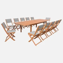Extendable eucalyptus wood garden table + 12 chairs