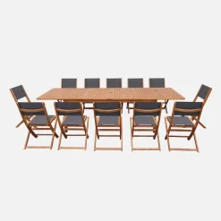 Extendable eucalyptus wood garden table + 12 chairs