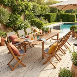 Extendable eucalyptus wood garden table + 12 chairs