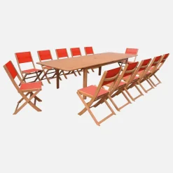 Extendable eucalyptus wood garden table + 12 chairs