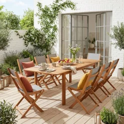 Extendable eucalyptus wood garden table + 8 chairs