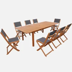 Extendable eucalyptus wood garden table + 8 chairs