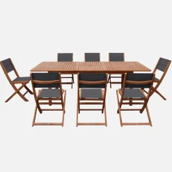 Extendable eucalyptus wood garden table + 8 chairs