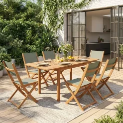 Extendable eucalyptus wood garden table + 6 chairs