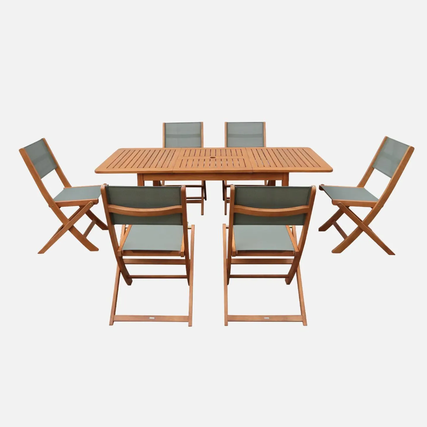 Extendable eucalyptus wood garden table + 6 chairs