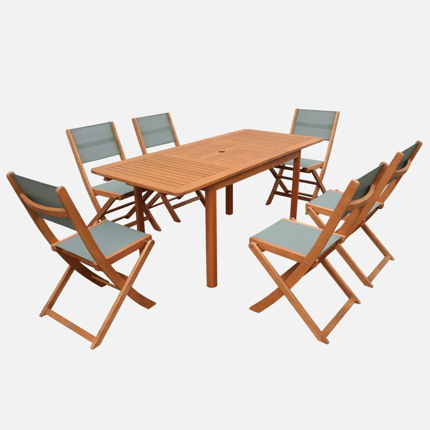 Extendable eucalyptus wood garden table + 6 chairs