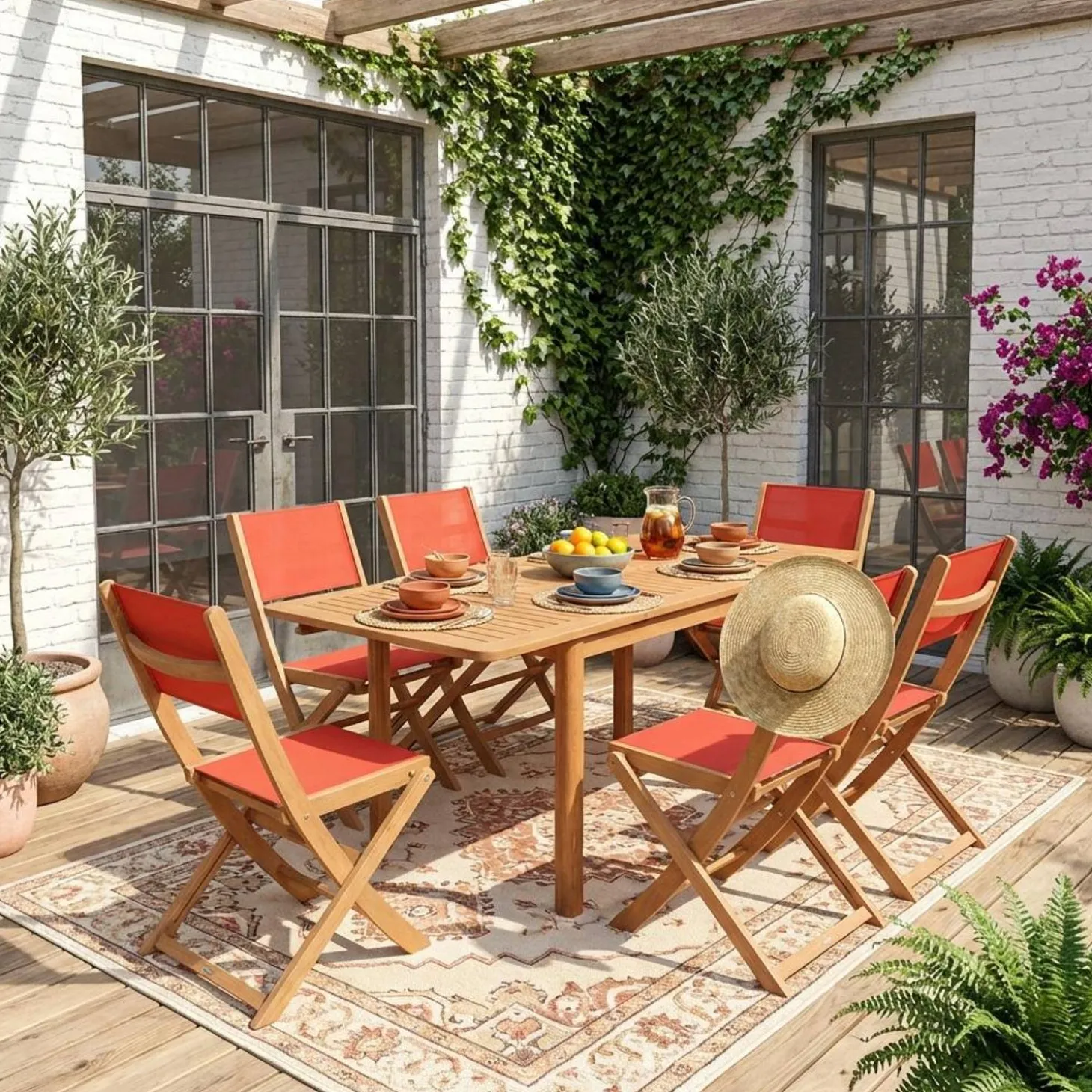 Extendable eucalyptus wood garden table + 6 chairs