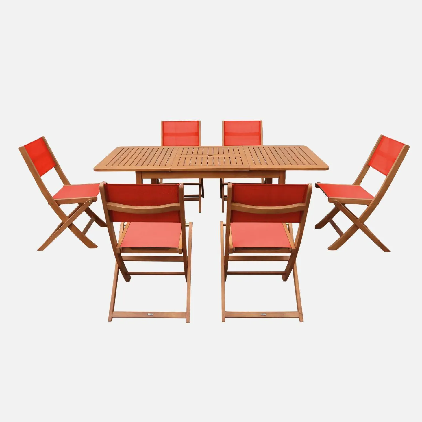 Extendable eucalyptus wood garden table + 6 chairs