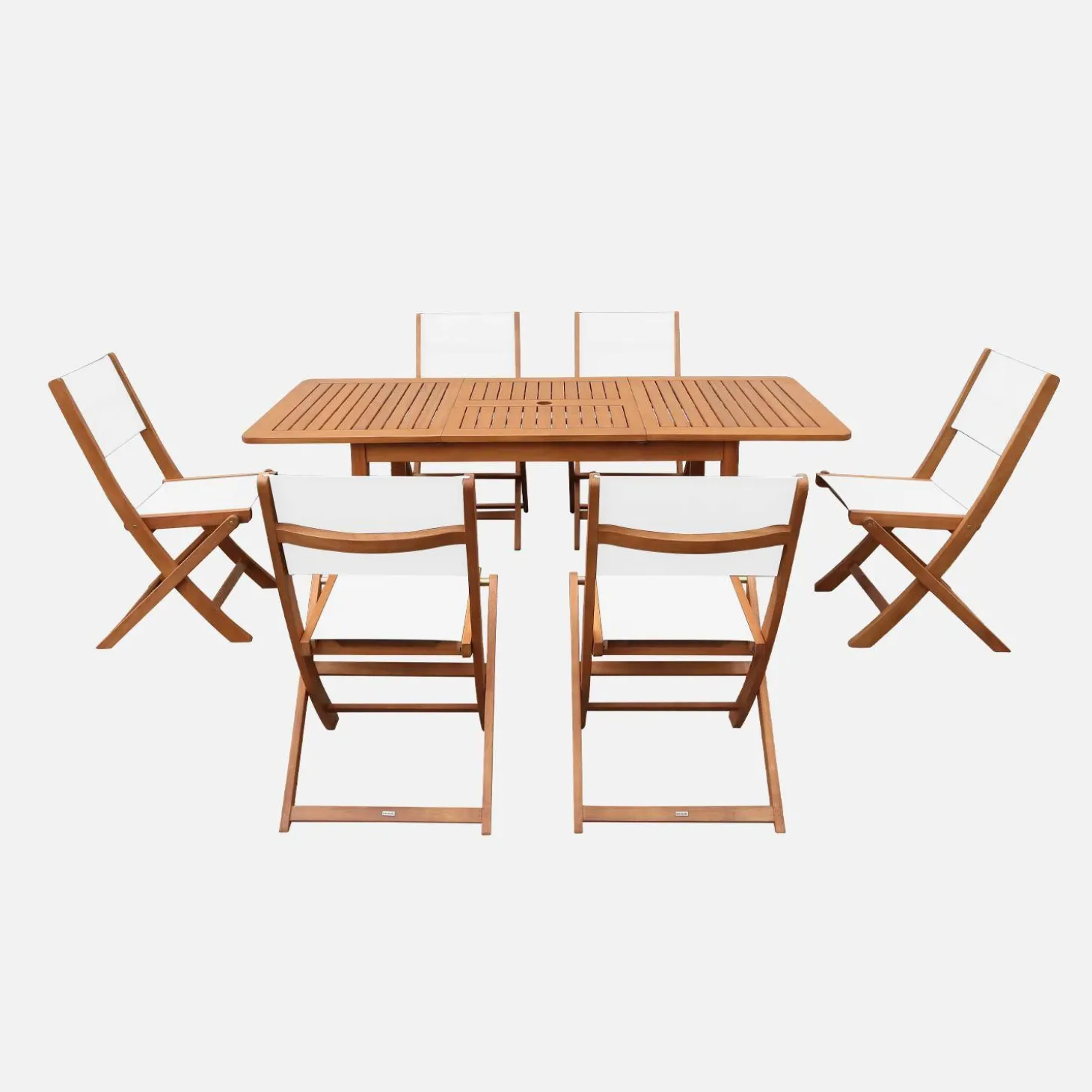 Extendable eucalyptus wood garden table + 6 chairs