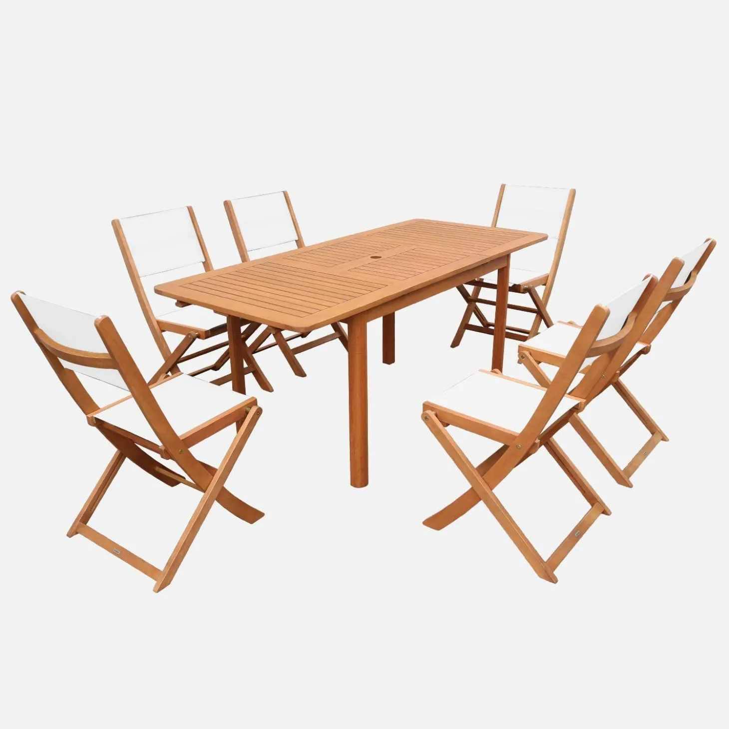 Extendable eucalyptus wood garden table + 6 chairs