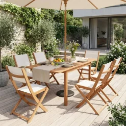 Extendable eucalyptus wood garden table + 6 chairs