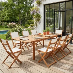 Extendable eucalyptus wood garden table + 8 chairs