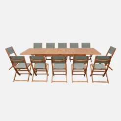 Extendable eucalyptus wood garden table + 12 chairs