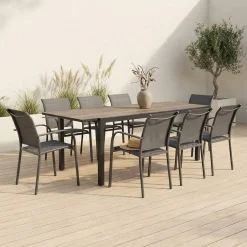 Extendable garden table aluminum with wood effect + 8 chairs