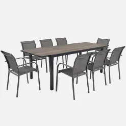 Extendable garden table aluminum with wood effect + 8 chairs
