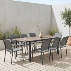 Extendable garden table aluminum with wood effect + 8 chairs