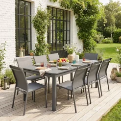 Extendable garden table 180/240.5cm aluminium + 8 chairs