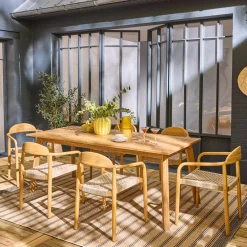 Extendable garden table made of acacia wood + 6 armchairs