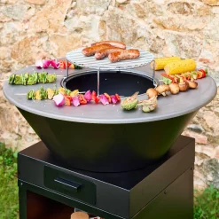 Fire pit barbecue Ø81.5 cm with cooking grill, wood storage, and cover